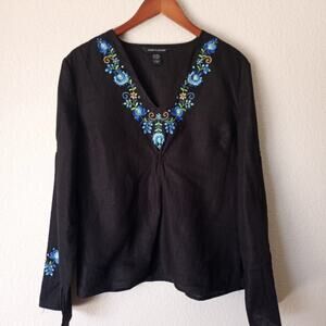 Anne Carson Linen Floral Embroidered Bell Sleeve Top